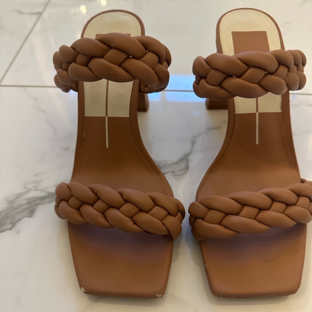 Dolce Vita Braided Heeled Sandals Tan Cognac Square Toe Block Heel